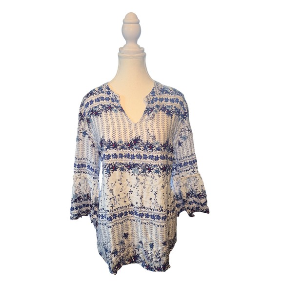 EST 1946 Tops - EST 1946 Blue White Floral Boho Blouse Bell Sleeve Rayon Top